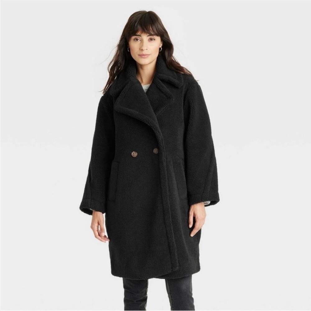 🆕 Universal Thread Women's Faux Fur Soft Black Double-Breasted Coat - L